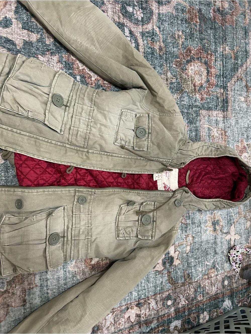 Abercrombie & Fitch Olive Green Hooded Utility Jacket with Red Quilted Lining